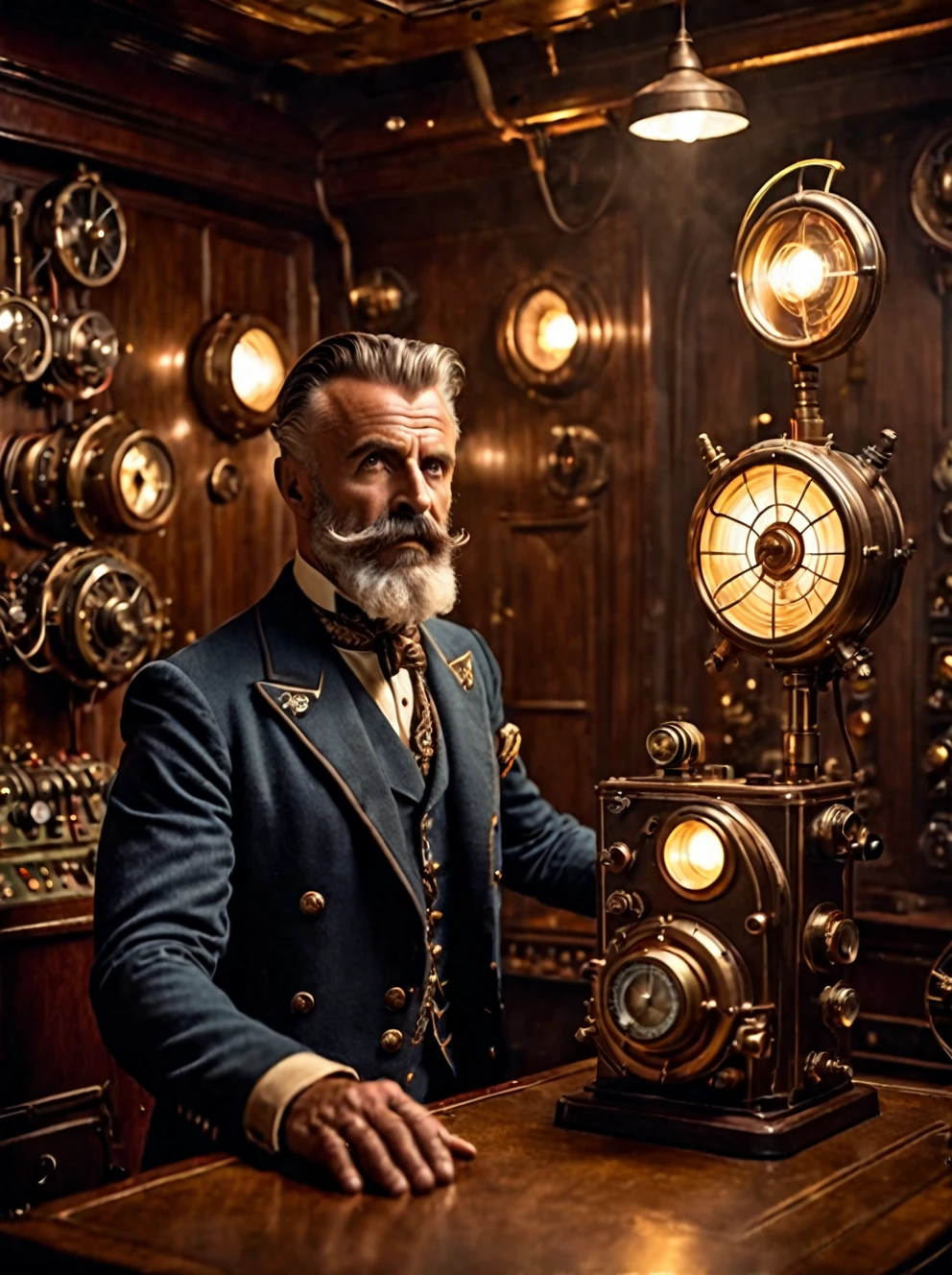 photo focus on male focus, indoors, realistic scenery, (captain nemo:1.1), retro-futuristic, testing radio energy transfer, electricity , ray beam,  steampunk nautilus-style. very wide shot, character photo portrait, film, professional, 4k
