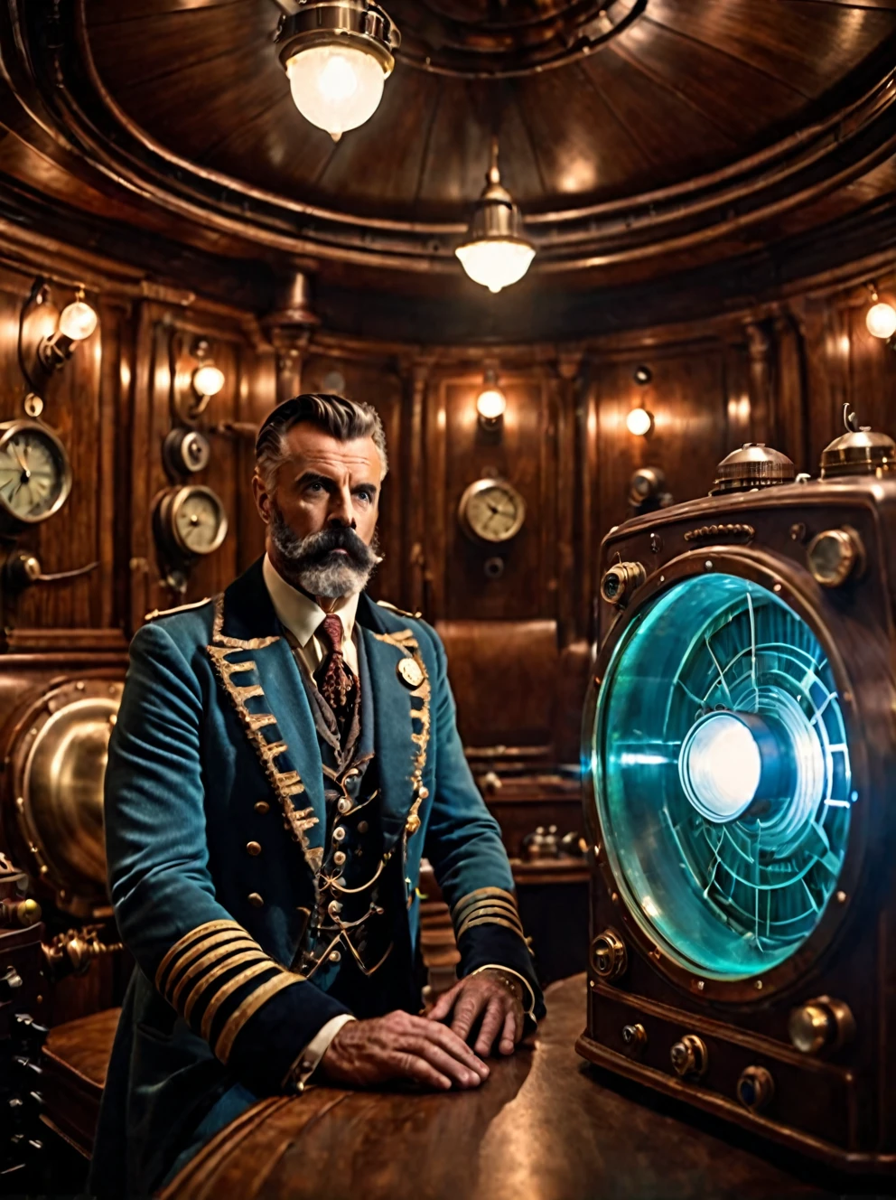 photo focus on male focus, indoors, realistic scenery, (captain nemo:1.1), retro-futuristic, testing radio energy transfer, electricity , ray beam, steampunk nautilus-style. very wide shot, character photo portrait, film, professional, 4k