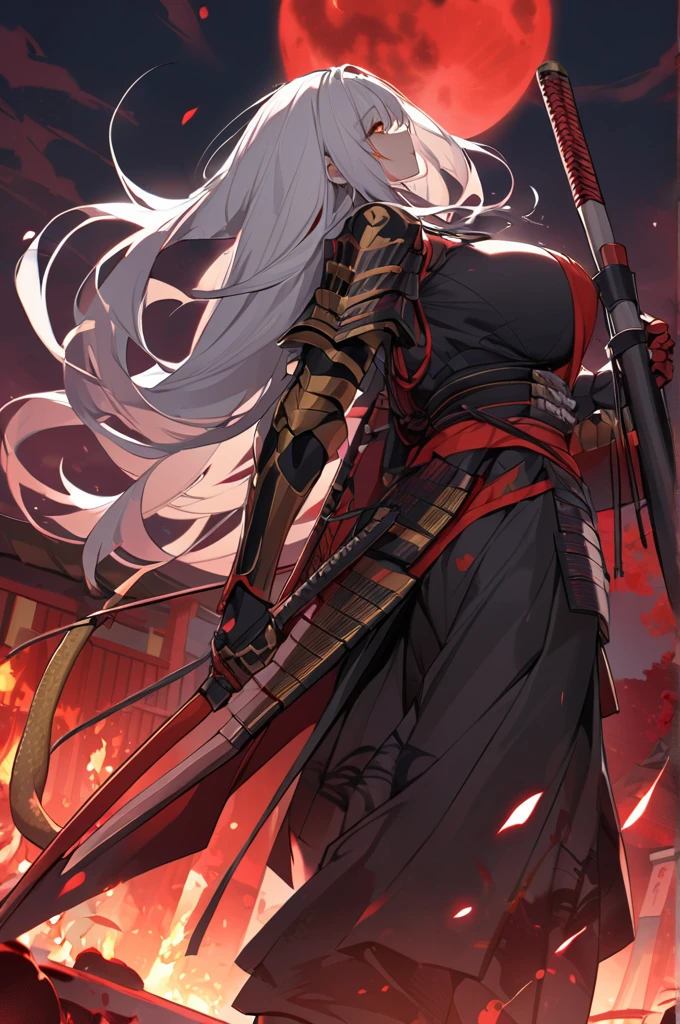 Dragon girl, tall, defined, huge breasts, long white hair with black highlights, golden snake eyes, dressed in incomplete samurai armor, holding a bow,With a quiver on his back, ancient Japanese city background, red sky and blood moon, several dead enemies