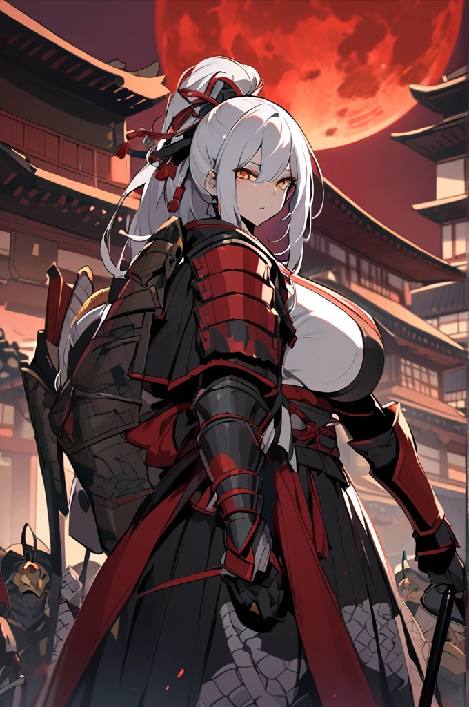 Dragon girl, tall, defined, huge breasts, long white hair with black highlights, golden snake eyes, dressed in incomplete samurai armor, holding a bow,With a quiver on his back, ancient Japanese city background, red sky and blood moon, several dead enemies 
