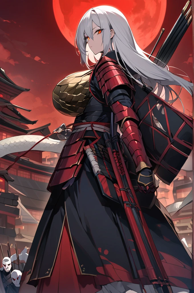 Dragon girl, tall, defined, huge breasts, long white hair with black highlights, golden snake eyes, dressed in incomplete samurai armor, holding a bow,With a quiver on his back, ancient Japanese city background, red sky and blood moon, several dead enemies