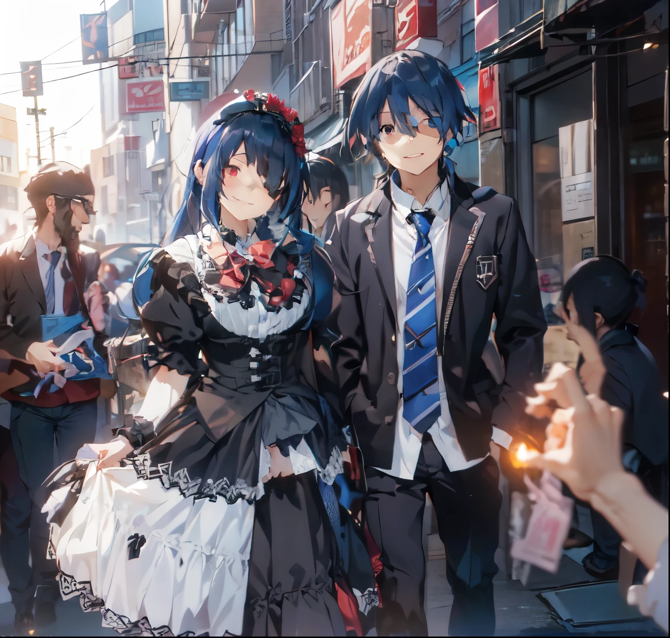 (itsuka shido, 1boy, blue hair, upper body, expressive eyes, school uniform, Black jacket, white shirt, black pants, blue tie, He stares at the viewer while shaking his hand towards the viewer. masterpiece, best quality, ((dynamic_angle)),outdoors,

1 girl solo,((medical))_eyepatch,red_eyes,loose_hair,very_long_hair,gothic_****ta,hair_flower,glowing_eyes,floating_hair,smile,

