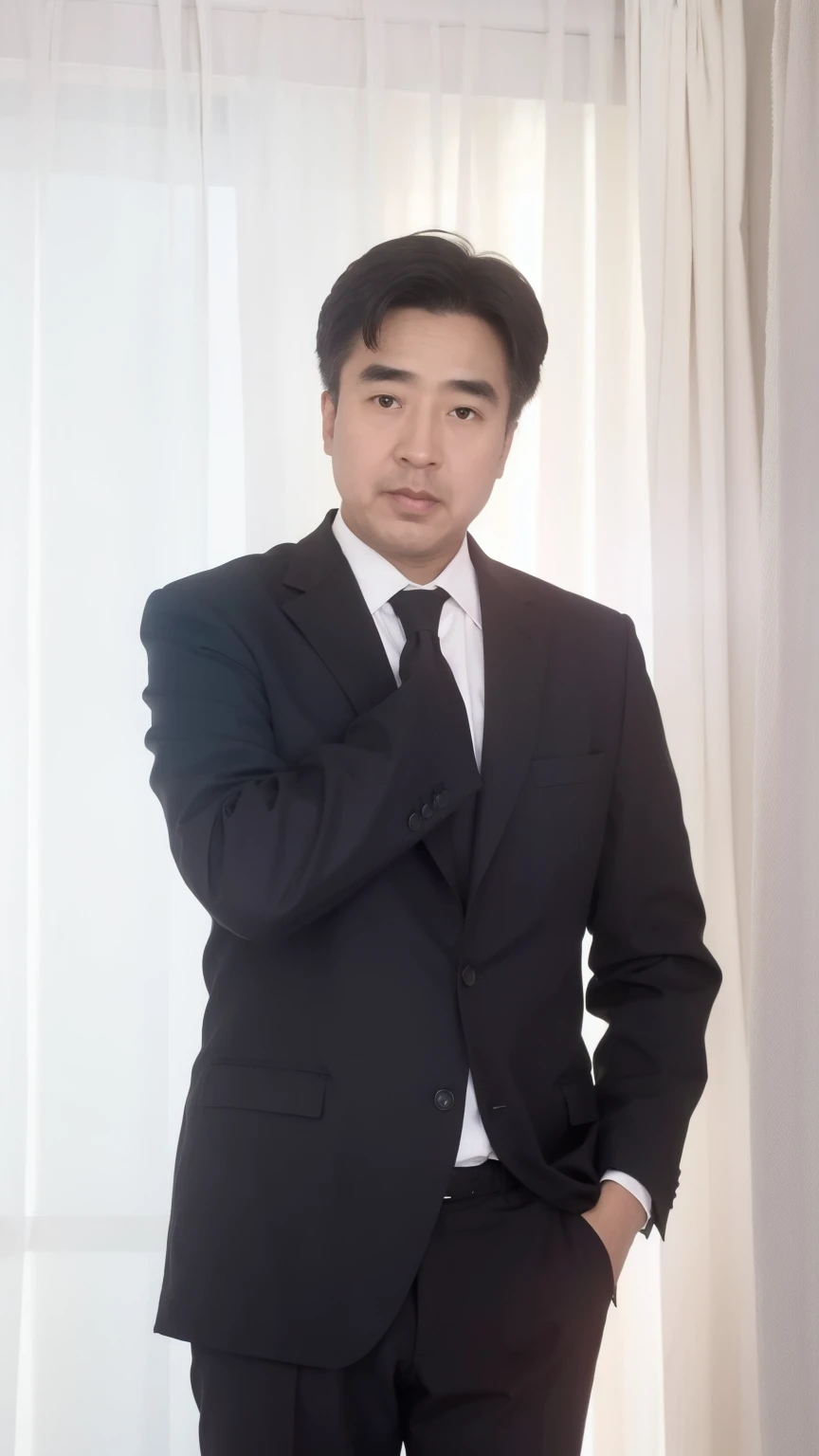 40-year-old male， Soft headlight，High-density imaging，（Thin face），((Black suit))，((Various dynamic poses))，((((Half-length photo))))，((Background is white curtain))，best quality，masterpiece，（Soft colors：1.2）