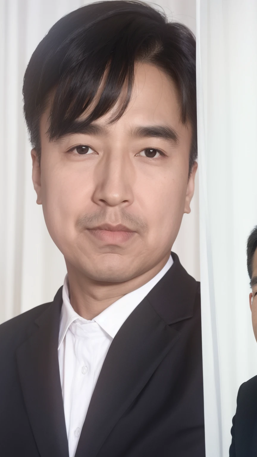 40-year-old male， Soft headlight，High-density imaging，（Thin face），((Black suit))，((Various dynamic poses))，((((Half-length photo))))，((Background is white curtain))，best quality，masterpiece，（Soft colors：1.2）