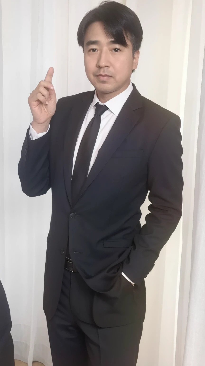 40-year-old male, Soft headlight,High-density imaging,(Thin face),((Black suit)),((Various dynamic poses)),((((Half-length photo)))),((Background is white curtain)),best quality,masterpiece,(Soft colors:1.2)