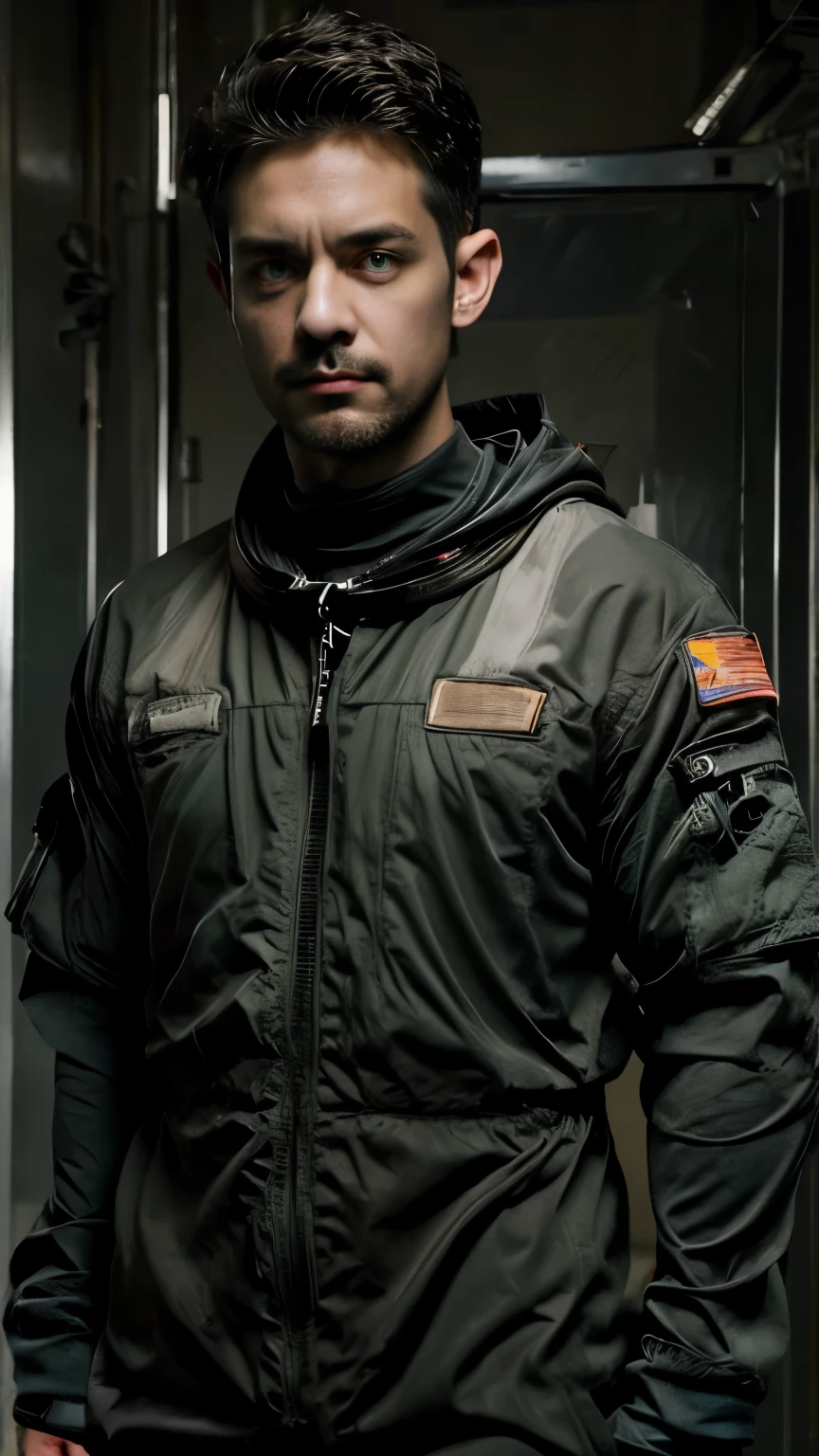 A male with short black hair that is cut very neatly, almost like a military cut. Fullbody Wearing an astronaut suit. His expression is stern and serious, with piercing green eyes that are always alert. A faint smile full of confidence often appears.