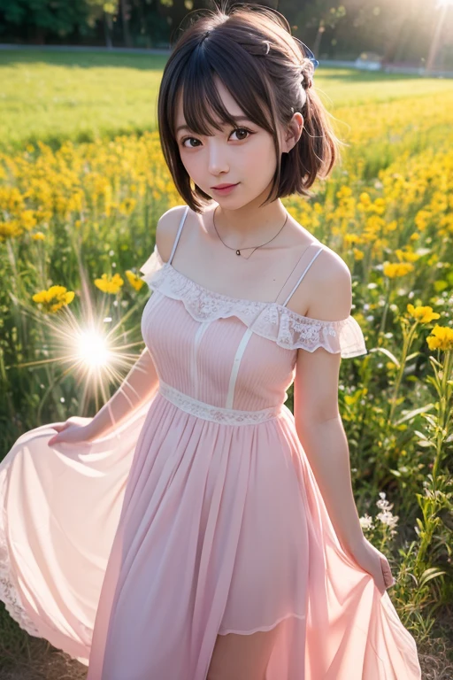 1girl, tayror swift, (pink long dress), (sheer ruffle dress), smile, japanese idol, in the field many flowers, masterpiece, high quality, beautiful, 4k, beautiful detailed, glow, multiple color hair, from above, depth of field, light particles, HDR, Rembrandt lighting, colorful refraction, lens flare, bloom, film Reflection, colorful refraction, chromatic aberration, light diffusion