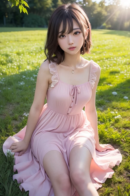 1girl, tayror swift, (pink long dress), (sheer ruffle dress), smile, japanese idol, in the field many flowers, masterpiece, high quality, beautiful, 4k, beautiful detailed, glow, multiple color hair, from above, depth of field, light particles, HDR, Rembrandt lighting, colorful refraction, lens flare, bloom, film Reflection, colorful refraction, chromatic aberration, light diffusion