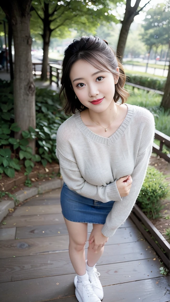 (Skin blemishes:1.2), (Skin Indentation), Dark circles, 1Missl, 25 years old, (((Miss))), Solitary, Practical, best quality, Reality, proficient, 8K, high resolution, Solitary, Extremely detailed face, (Professional lighting，Bokeh），（Light Particles，lens flare，Glowing particles：0.6），（Dynamic poses：1.2），Soft Lighting，Top angle view，fashionable atmosphere， (A girl in the forest),（（During the day)), sky sky, ((Looking at the audience:1)), (Looking at the camera), Gorgeous, stand up, Maintain original facial proportions, Shave your shoulders, Full Body Love, (Medium chest), (Short and delicate hair), Brown hair, Flutter, Open lips, Lipstick, 迷人的Smile, Smile, Open your mouth, teeth, (Blue grey tight sweater), (White）（Business Mini Skirt), eyelash, birthmark, (Mole under the eye: 1),Proportionate legs, Thin and white，A pair of lotus feet，White and tender，No shoes，Delicate and beautiful feet，,32 inches in the chest,(a charming smile:1), (sexy pose)，(standing pose) ,Full body image