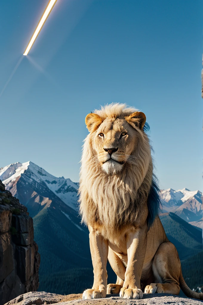 A lion with white hair (with lighting of blue color)standing on a clif of mountain