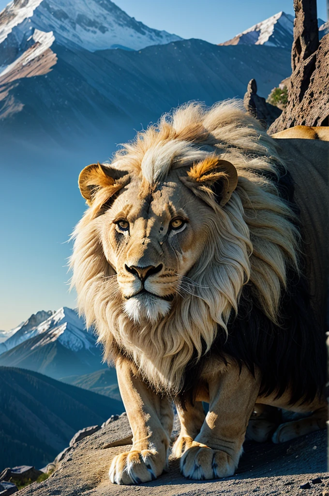A lion with white hair (with lighting of blue color)standing on a clif of mountain