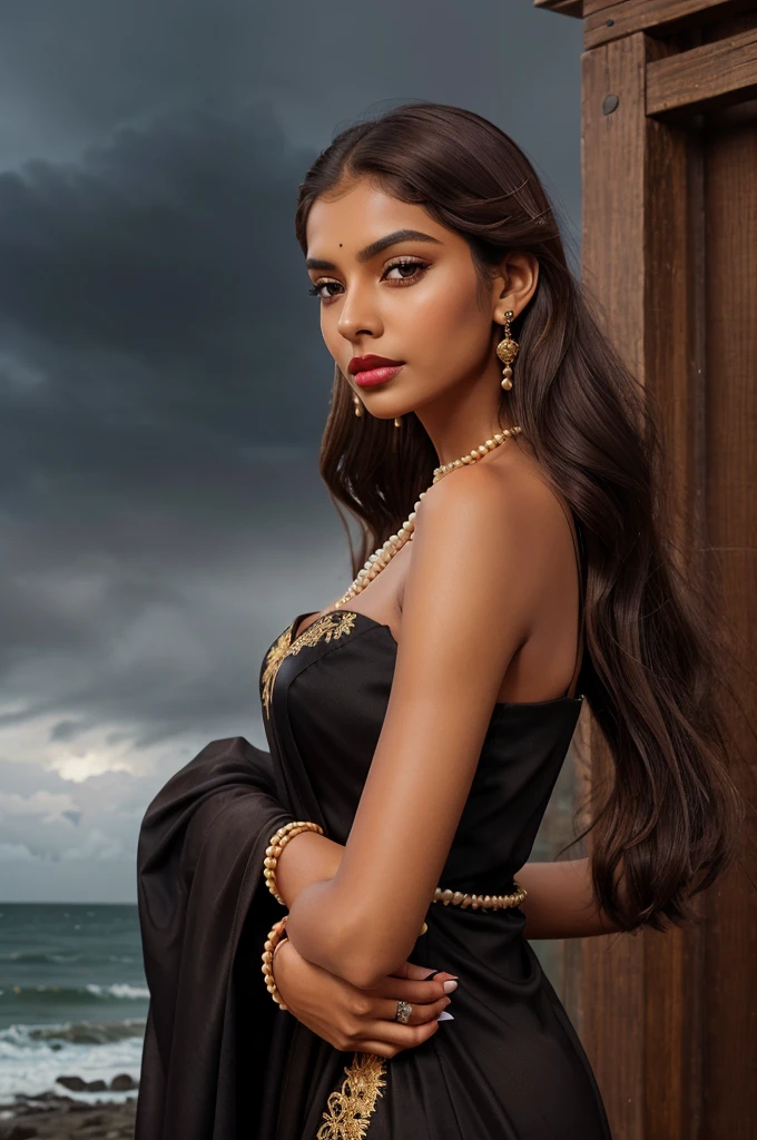 A brown girl with tall height and wearing a long black gown with golden embroidery and slightly pearl necklace and earrings and bracelet with brown hair and streaks of blonde in it and grey eyes with a stormy background at back and slight natural makeup on her face with red lipstick