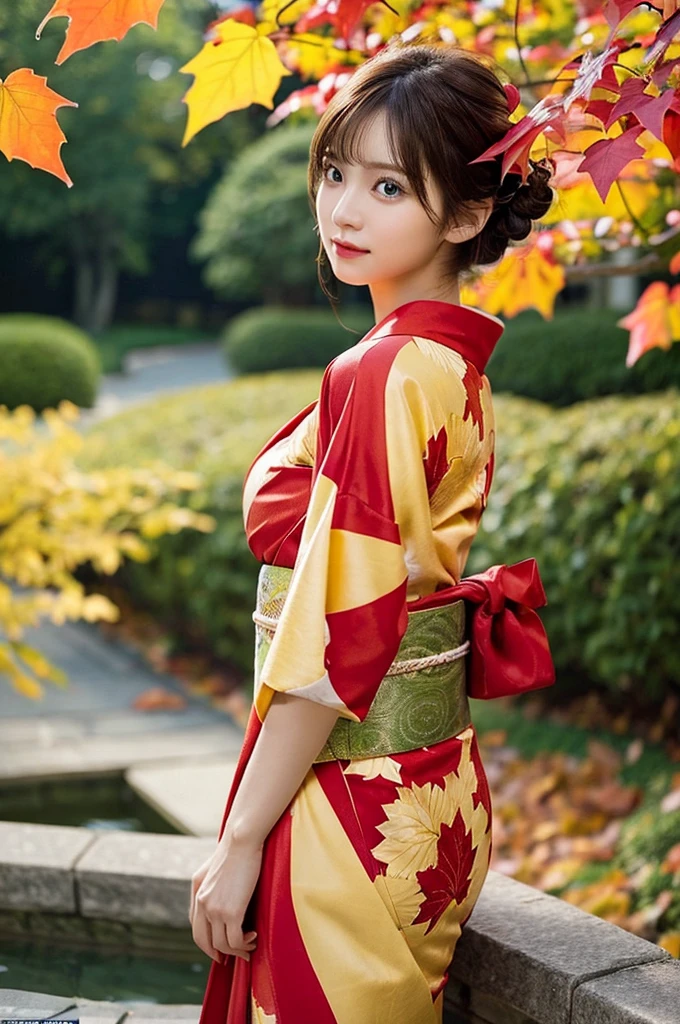 (masutepiece:1.3, Photorealsitic:1.4, 8K), top-quality, ​masterpiece, 超A high resolution, Perfect dynamic composition, Professional camera work, Grow Light Effect, Realistic portrait, Cinematic Light, Highly detailed skin and facial texture:1.3, The ultra-detailliert, A detailed eye, Detailed limbs, autumnal, Autumn leaves landscape in the evening:1.25, 1girl in, Cute sexy 23 year old slim woman, Fair skin, Autumn leaves are dancing:1.25, (Enraptured look:0.9, Totally captivates you:1.0), (Red kimono:1.31 Only shoulders and scapula exposed), (Backshots, Calm pose), (voluptuous breasts:0.9), (Beautiful blue eyes, Eyes that feel beautiful eros:0.85), Sexy face:0.4, (A mouthfeel that feels beautiful eros:0.85), ((Too cute beauty:0.9))