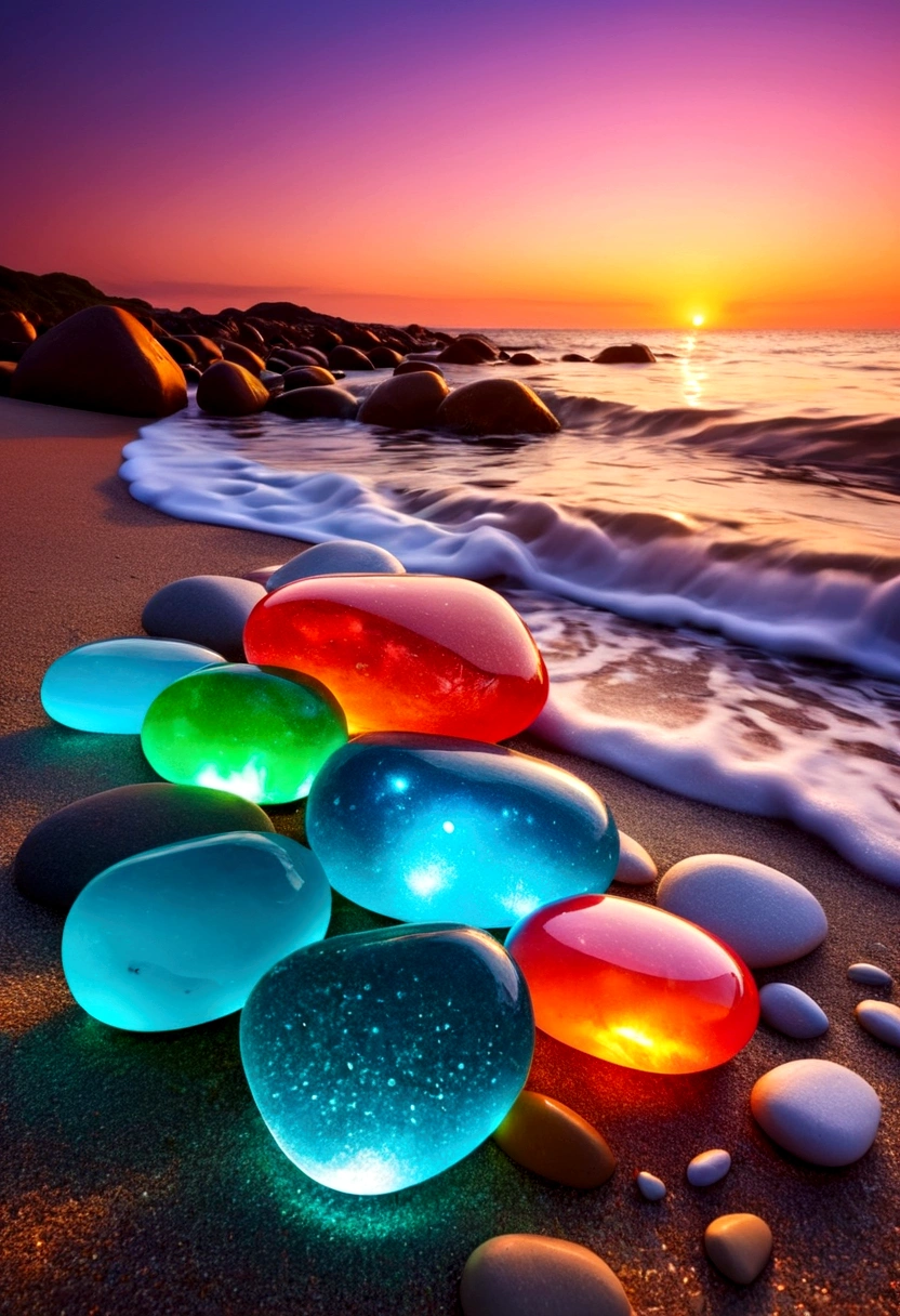 A group of glowing stones sits on the beach by the sea。。, Colorful glow, Magical Beach, Bright glitter colors, Sparkling colors, Sparkling, Rich colors, Colorful HD images, Breathtaking colors, Beautiful sunset, Colorful sunset, Gives water a sparkle, Beautiful Wallpapers, Beautiful and colorful environment, Shining Reflection, Awesome Wallpapers, Colorful light, Clear neon water