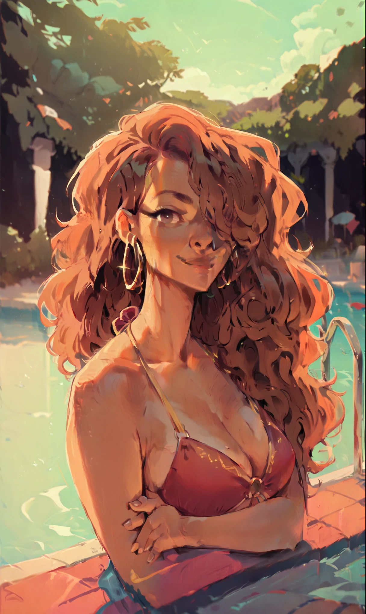 score_9, score_8_up, score_7_up, score_6_up, score_5_up, score_4_up, ((low depth of field)), , (beautiful landscape), BREAK woman sitting in a pool, 1girl, MILF, dark-skinned female, large breasts, brown eyes, brown hair, wavy hair, hair over one eye, hoop earrings, bikini, looking at viewer, gentle smile, dramatic lighting, warm lighting.