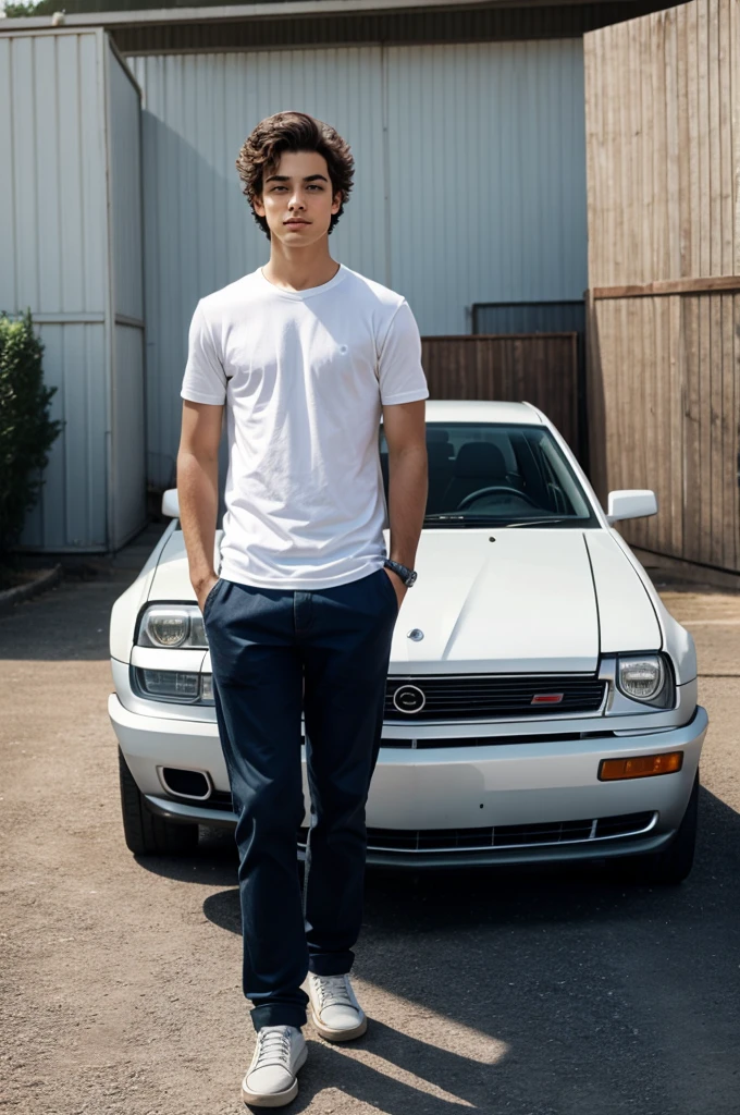A beautiful boy standing with a car