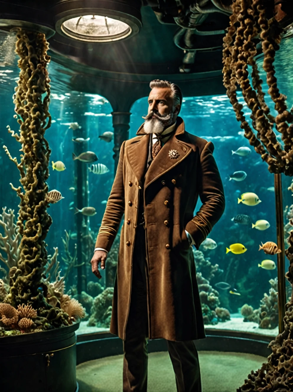photo focus on male focus, indoors, realistic scenery, (captain nemo:1.1), retro-futuristic,  analyzing seaweed, kelp, aquarium, steampunk nautilus-style. very wide shot, character photo portrait, film, professional, 4k