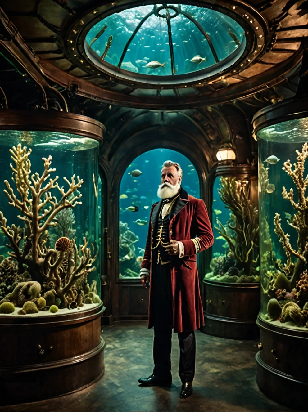 photo focus on male focus, indoors, realistic scenery, (captain nemo:1.1), retro-futuristic, analyzing seaweed, kelp, aquarium, steampunk nautilus-style. very wide shot, character photo portrait, film, professional, 4k