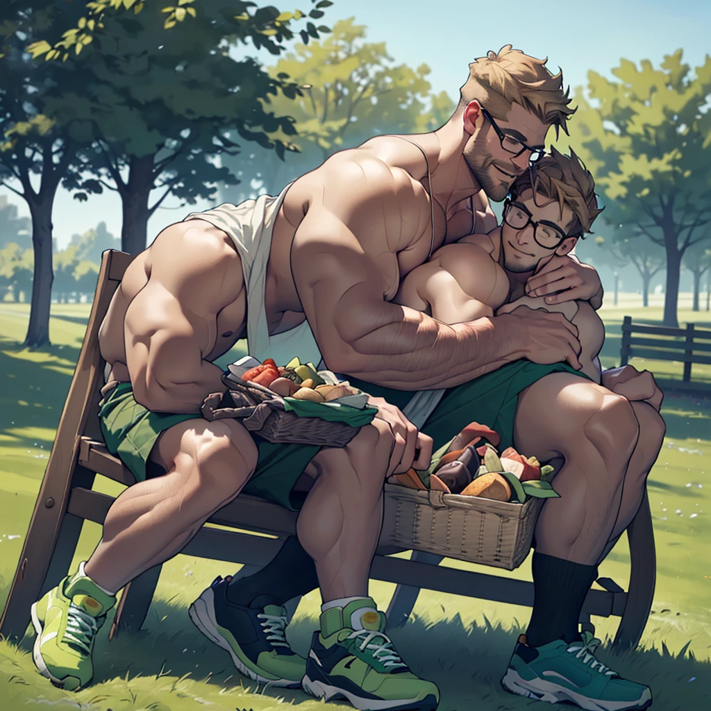 8k , masterpiece,  a solo man, 1man only ,  dark blond hair ,a dark blond  beard well groomed ,a dark blond ????? hair , stephen amell  with  ginger blond cats , 3 cats sitting near him,  wearing( glasses, ??????? and hairy ????? ,(dark green short ),(dark green shoes),in a park,  sitting on a tablecloth spread on the green grass, near him a picnic basket full of food, high well detailed face,detailed fingers ,detailed body parts,  focus, happy smile, happy cats, heart-warming scene of lot of cuddling , seen from the front to side