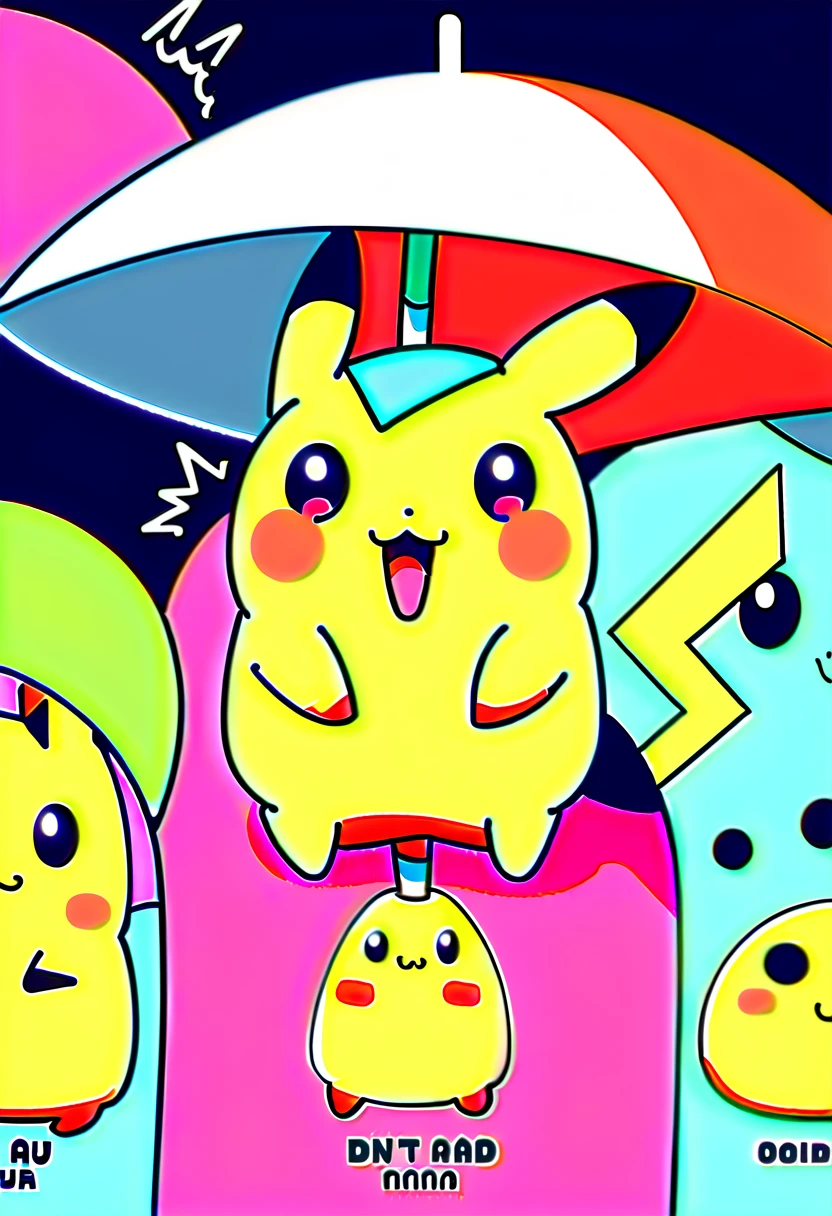 Cute Pikachu、pastel colour、Pikachu holding an umbrella、Don&#39;t draw people、it&#39;s raining、Pikachu with a troubled face