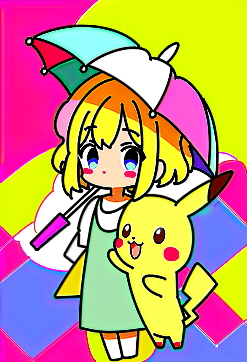 Cute Pikachu、pastel colour、Pikachu holding an umbrella、Don't draw people、it's raining、Pikachu with a troubled face