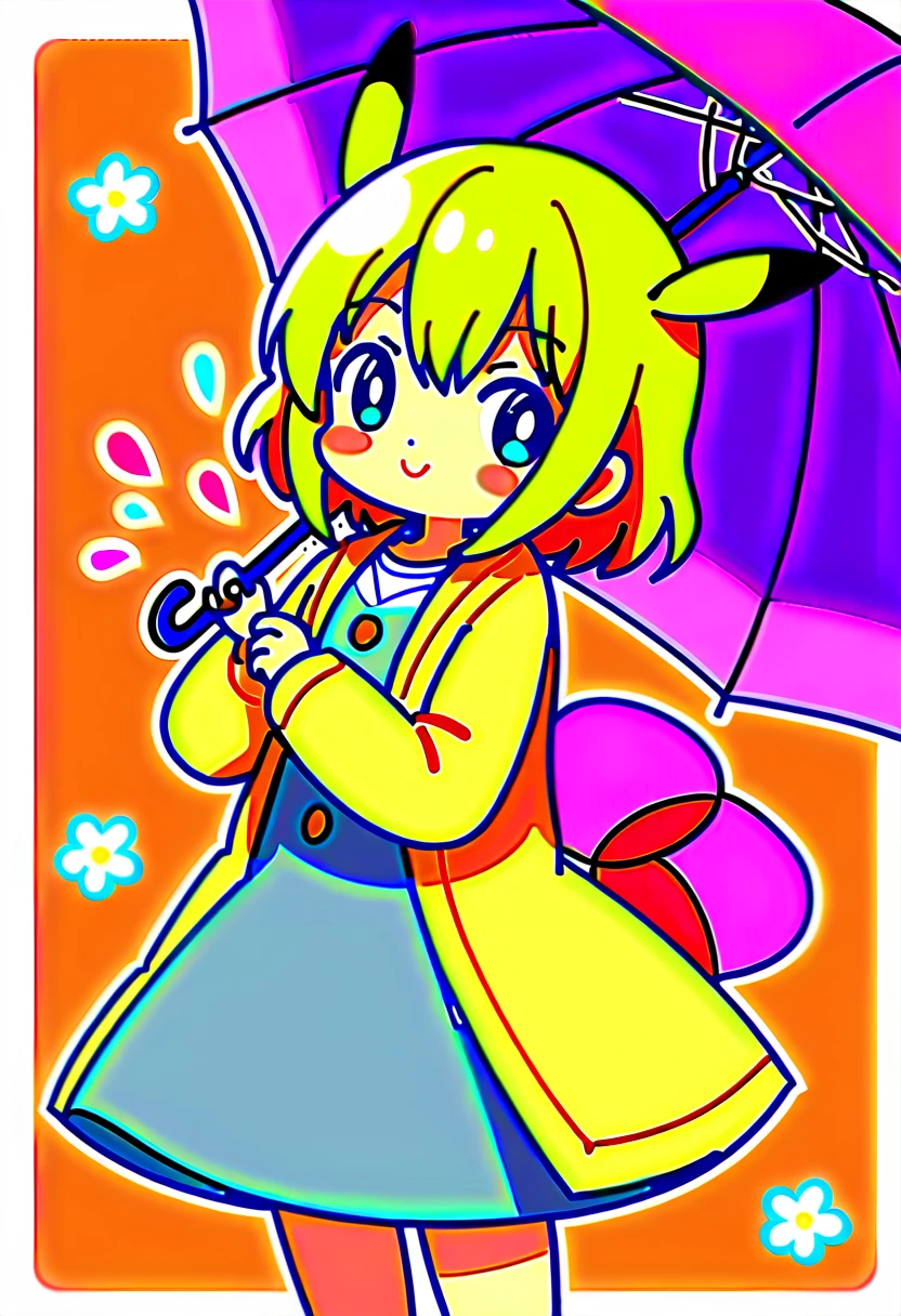 Cute Pikachu、pastel colour、Pikachu holding an umbrella、Don't draw people、it's raining、Pikachu with a troubled face