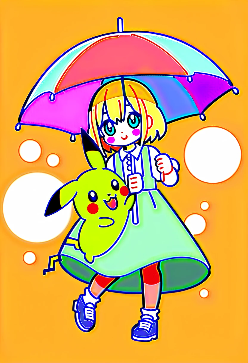 Cute Pikachu、pastel colour、Pikachu holding an umbrella、Don't draw people、it's raining、Pikachu with a troubled face