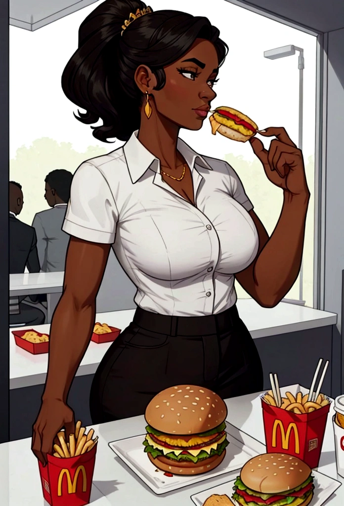 dark skin woman lunch time mc donalds