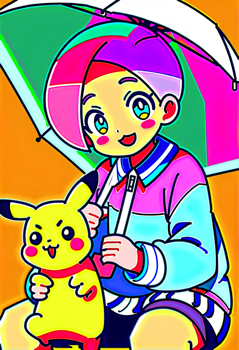 Cute Pikachu、pastel colour、Pikachu holding an umbrella、Don't draw people、it's raining、Pikachu with a troubled face