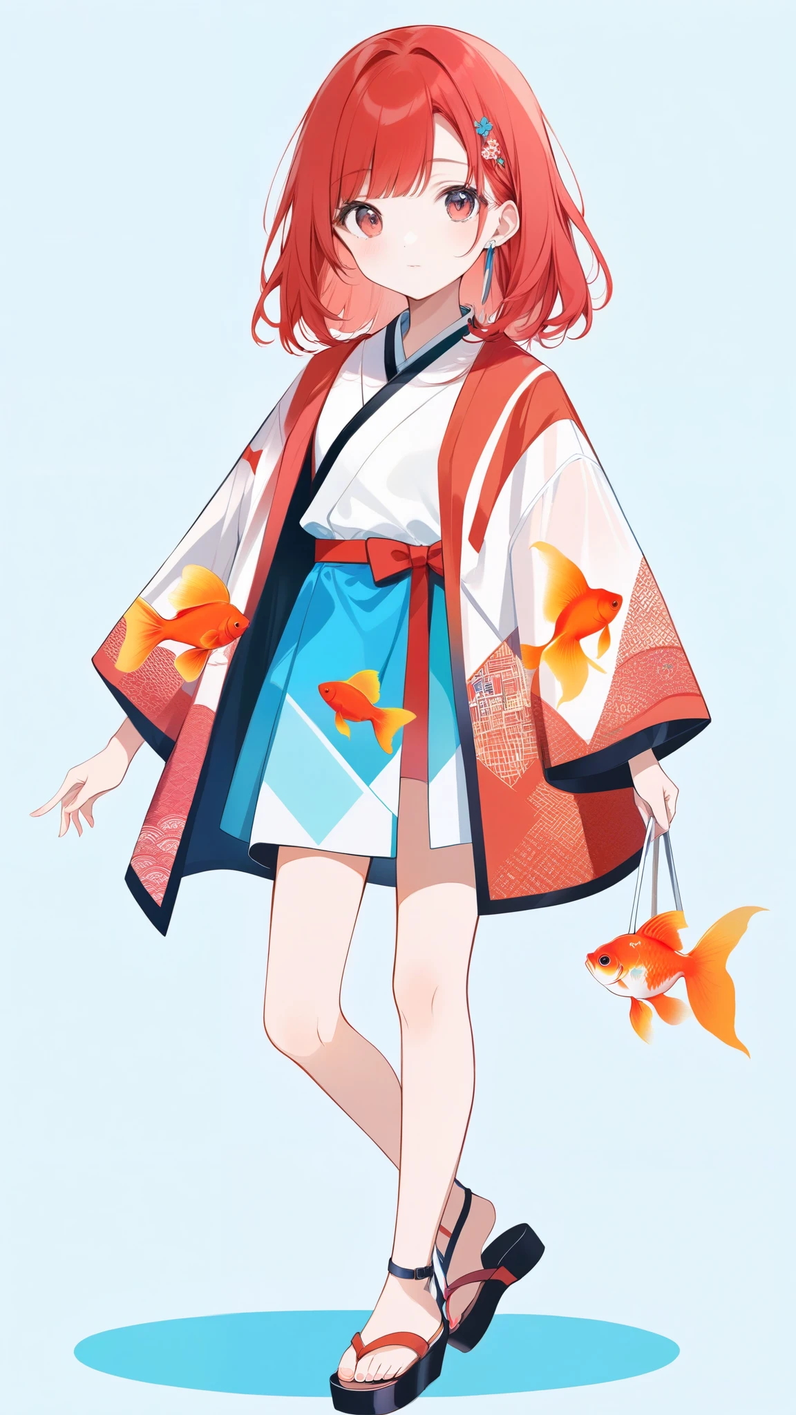 One girl, Long Hair, pastel colour, Portraiture, Medium chest, Line art, Simple Background, (watercolor:0.5)、Red fluttering clothes,Japanese clothing、Translucent red fabric、Good style、Shine of the Heart、White and red motif, Bright redhead、cute,Fantasy, Detailed Images、A young girl with a goldfish motif、Cool composition、Pop Art、cute、Cool、Sandals、Walking、diagonal、Model Magazines、cute、show clothes