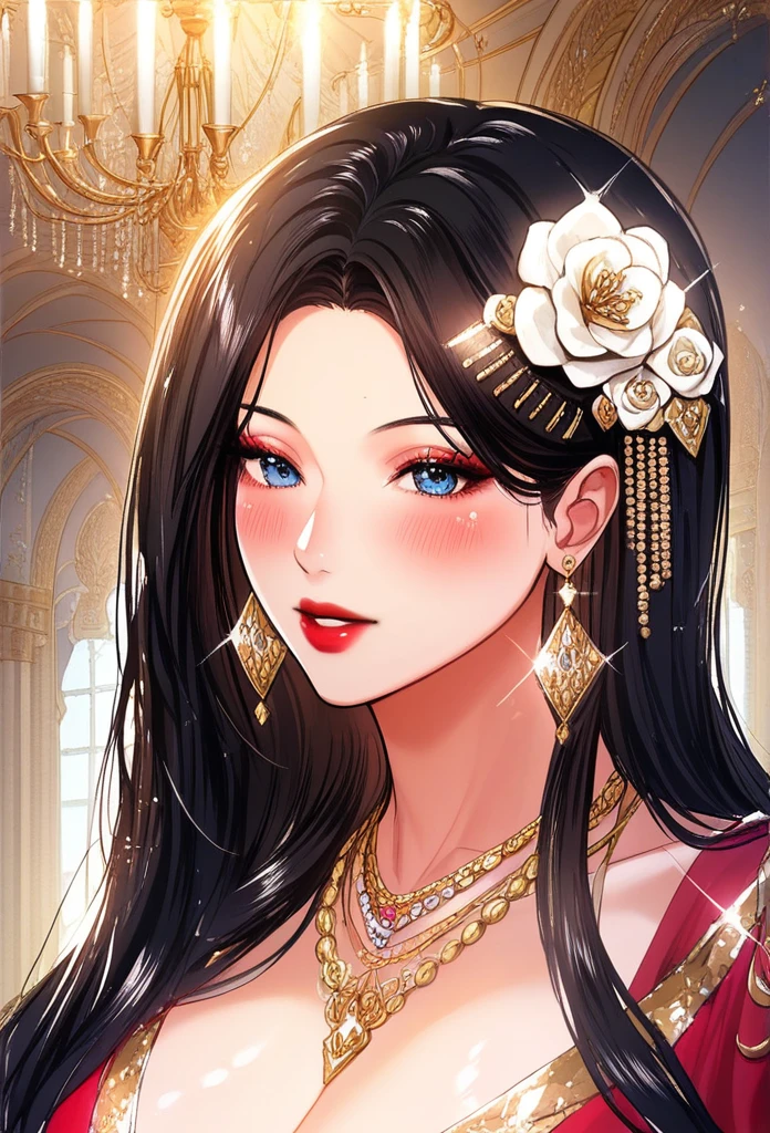 Hot sexy beautiful one indian Princess face, long sparkling chandelier earrings,big breasts, ,black hair ,blush,blue eyes,red lipstick, chandelier jewelry,makeup, ornament, chandelier necklace,waist chain, rings,bangles,hair flower brochure,hair pins,hair chain, royal palaces and grand architecture, Traditional Indian sari, elegant draping style, intricate floral motifs, handwoven silk material, embellished with sequins and beads, sparkling gemstones and gold accents, artistic rendering of Indian culture, traditional jewelry and accessories, indian traditional wedding saree, crown ,close up face,only face view
