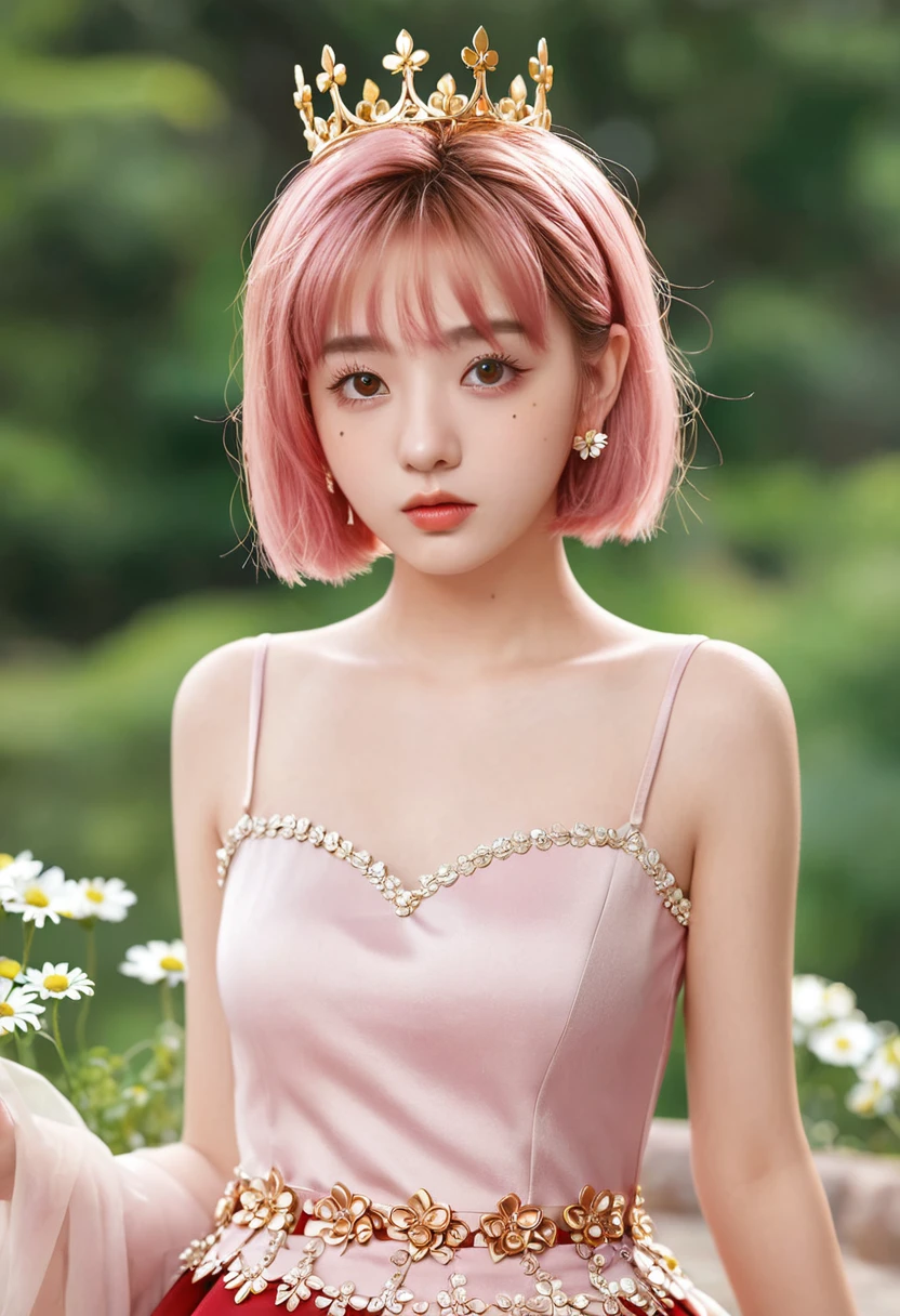 18 years old beautiful girl, masterpiece, best quality, 8K Animation, Detailed fingers, Precise fingers, Not an unnatural hand, illustration, 1 girl, Solitary, Pink Bob Hairstyle, Golden Crown, Flower Hair Accessories, Drooping eyes, Red mini skirt, Wey
