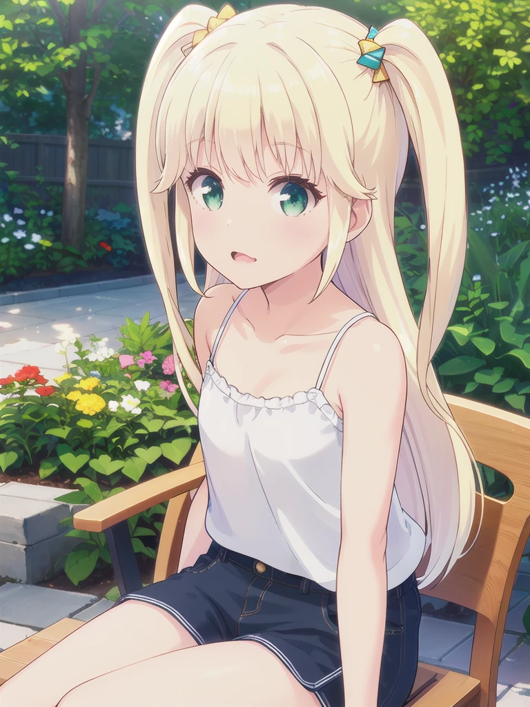 1 Girl, ,Highest quality, Very detailed, masterpiece, Outdoor ,Sitting,garden,Green Eyes,Blonde, Long Hair, Eyebrows visible through hair, White camisole,Flat Chest,S○l○,Very detailedな, (masterpiece),,upper body,顔 focus, 