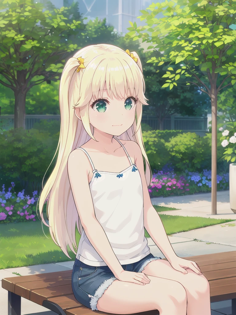 1 Girl, ,Highest quality, Very detailed, masterpiece, Outdoor ,Sitting,garden,Green Eyes,Blonde, Long Hair, Eyebrows visible through hair, White camisole,Flat Chest,S○l○,Very detailedな, (masterpiece),,upper body,顔 focus, 