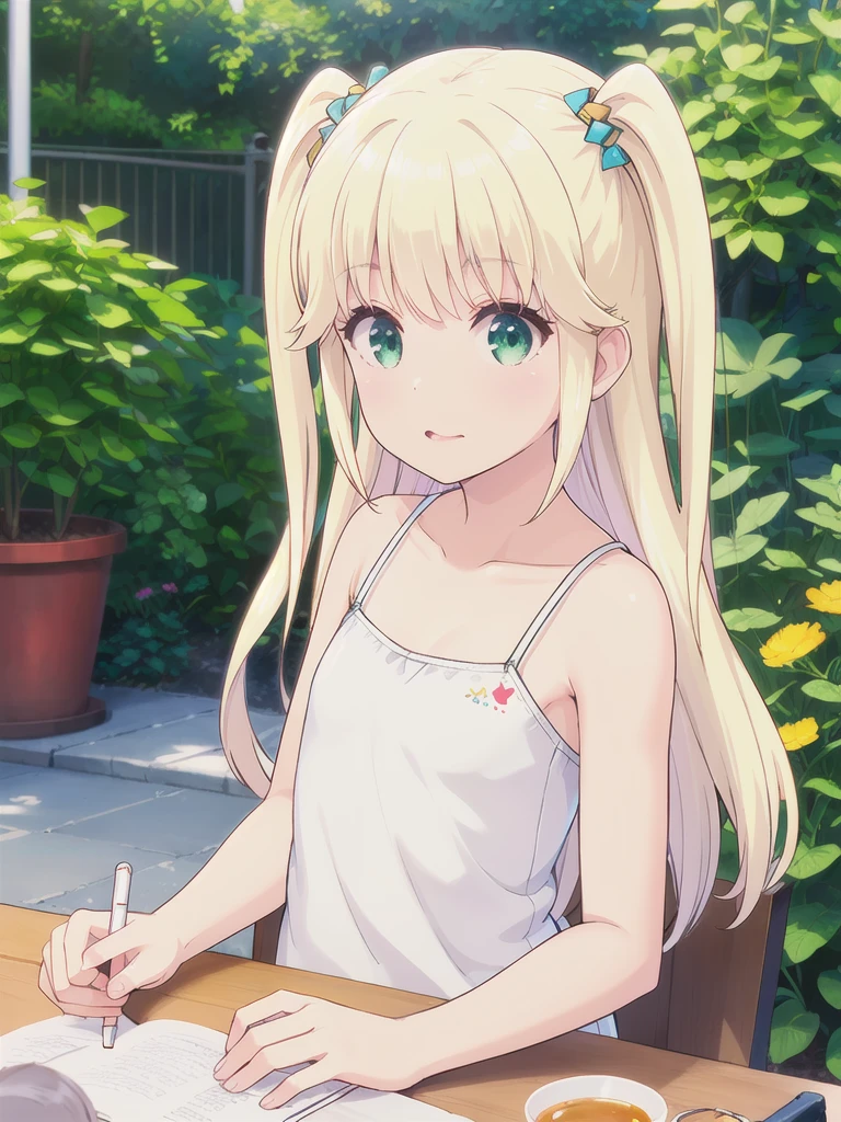 1 Girl, ,Highest quality, Very detailed, masterpiece, Outdoor ,Sitting,garden,Green Eyes,Blonde, Long Hair, Eyebrows visible through hair, White camisole,Flat Chest,S○l○,Very detailedな, (masterpiece),,upper body,顔 focus, 