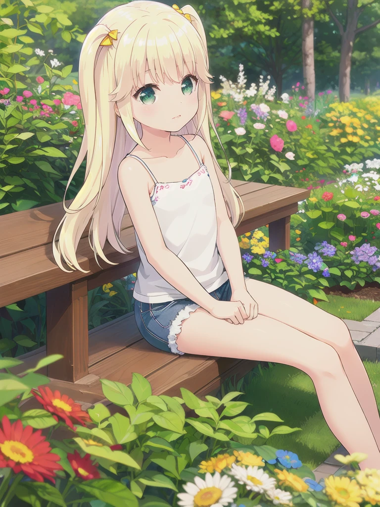 1 Girl, ,Highest quality, Very detailed, masterpiece, Outdoor ,Sitting,garden,Green Eyes,Blonde, Long Hair, Eyebrows visible through hair, White camisole,Flat Chest,S○l○,Very detailedな, (masterpiece),,upper body,顔 focus, 