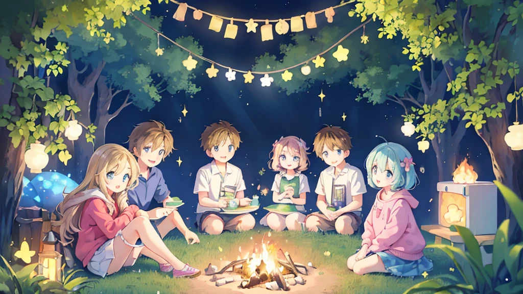masterpiece, (Two girls and two boys and two girls and two boys around a campfire), Idol, Big eyes, cutetech, cute, cute, pastel colour, Highest quality, Happy, Deep Background, Symmetric, Tilt your head, summer