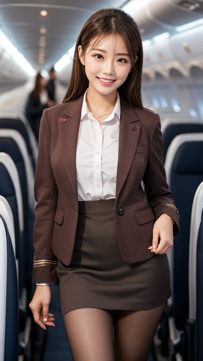 ​highest quality、table top、8k、best image quality、Award-winning work)、one beautiful woman、radiant beautiful skin , masterpiece、top-quality、The ultra -The high-definition、depth of fields、lens flare 1 girl、、brown hair、watching at  viewers glares, large breasts , stewardess uniform, (crimson stewardess blazer:1.2), black  short skirt, (black ysl high heels), perfect legs, model pose , smiling , flight cabin, pantyhose 