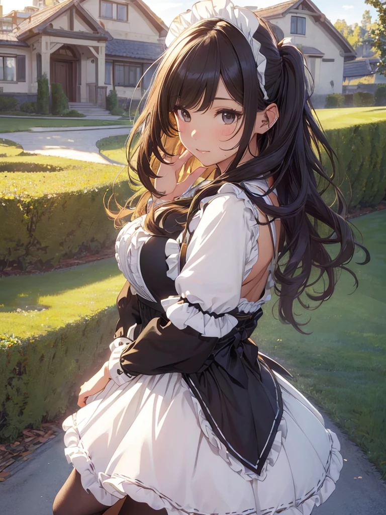 masterpieces,best quality,(ultra_detailed),3D,(realistic:1.9),(photorealistic:1.9),(light falloff at edges:1.9),shallow depth of field,sensual girl,in garden,at morning,western‐style house in the background,plump,(brown _pantyhose,)wavy long hair,built bangs,drooping eyes,wide-set eyes,lovely round eyes,looking away,round face, (maid costume),