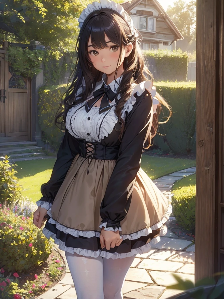 masterpieces,best quality,(ultra_detailed),3D,(realistic:1.9),(photorealistic:1.9),(light falloff at edges:1.9),shallow depth of field,sensual girl,in garden,at morning,western‐style house in the background,plump,(brown _pantyhose,)wavy long hair,built bangs,drooping eyes,wide-set eyes,lovely round eyes,looking away,round face, (maid costume),