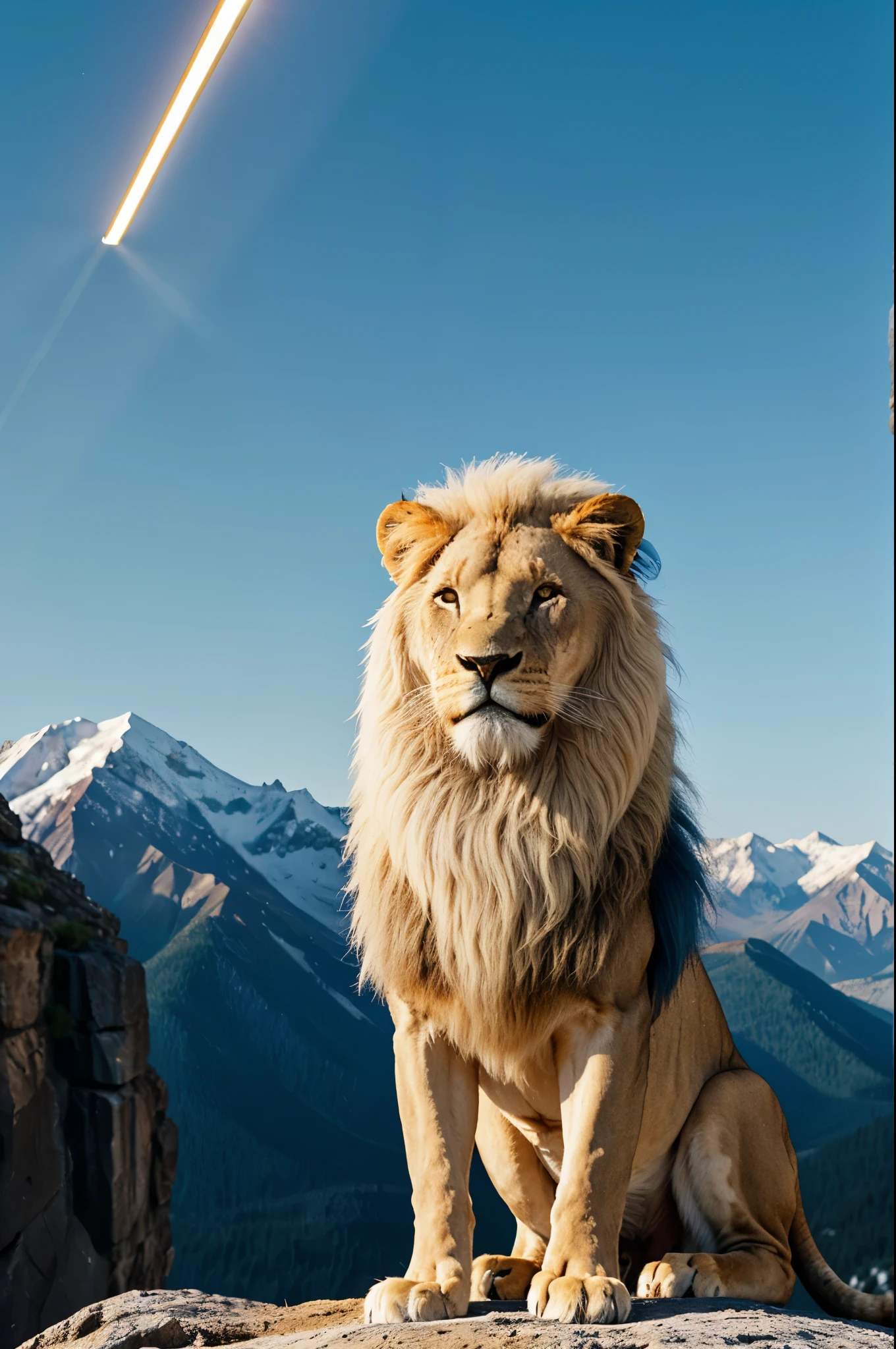 A lion with white hair (with lighting of blue color)standing on a clif of mountain
