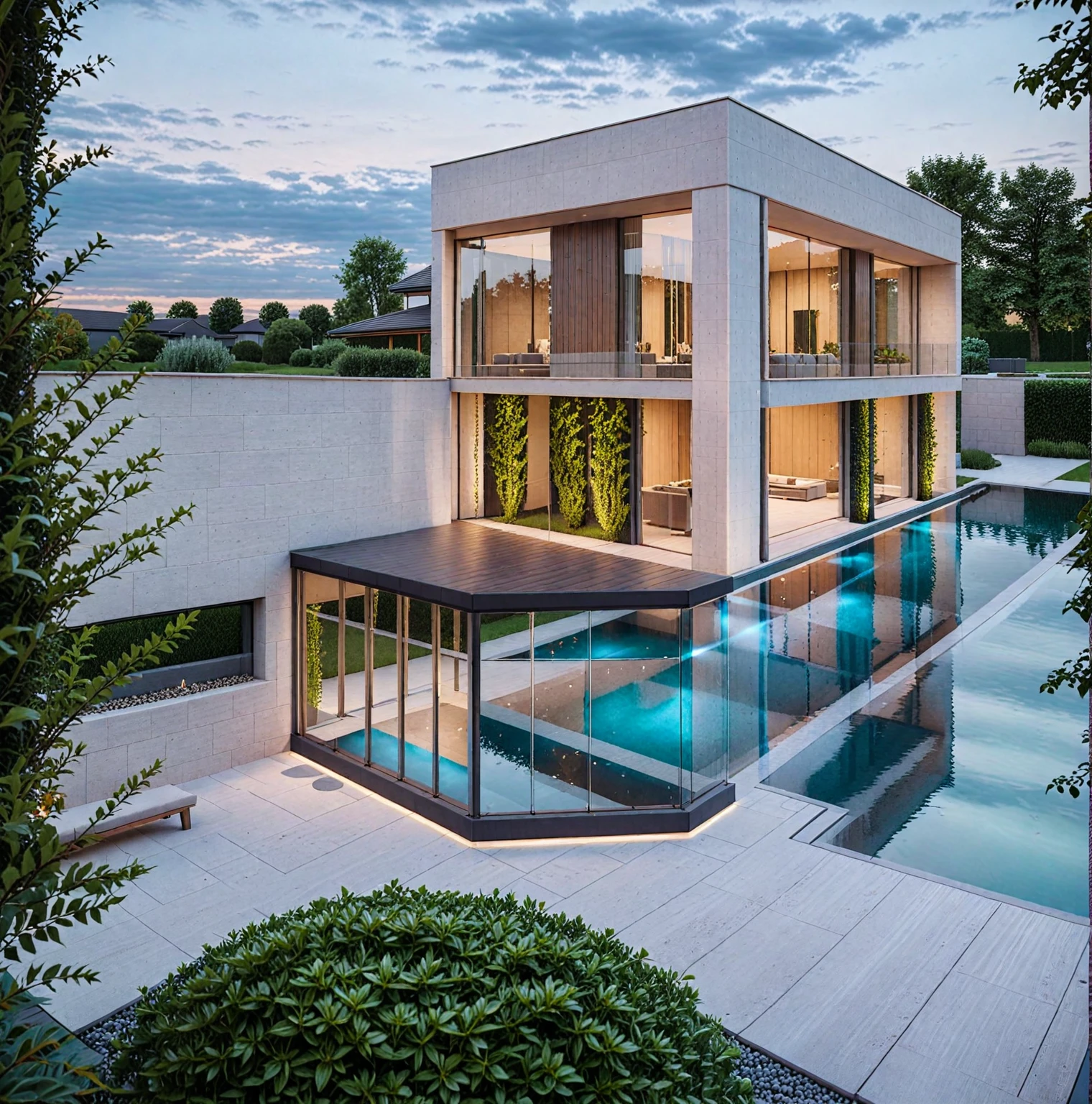 RAW photo of a modern house, garden, plants and trees, bushes, bench, pool, lake, Architecture Photography, cinematic photo, 35mm photograph, 8k, highly detailed, super realistic, jzcg