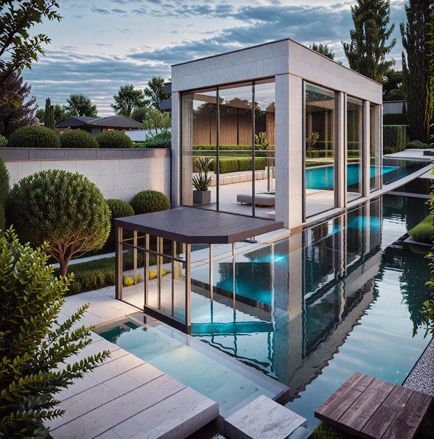 RAW photo of a modern house, garden, plants and trees, bushes, bench, pool, lake, Architecture Photography, cinematic photo, 35mm photograph, 8k, highly detailed, super realistic, jzcg