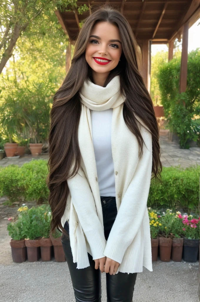Casual photograph, best quality, 8K, hyper detailed, full body, A close up portrait of a Gorgeous, charming, alluring, graceful, majestic, classy, stylish, flowing super long brown haired argentinian woman. Flowing hair, silky hair, glowing hair, ethereal argentinian beauty, exotic argentinian beauty, timeless argentinian beauty, dream argentinian beauty. She has the cutest face, beaming countenance, fair porcelain skin, soft make-up, red lipstick, she is wearing a black leather jacket, sweater, scarf, skinny trousers, and boots. She's glad, happy, cheerful, joyful, angelical face, angelical beauty. Affectionate woman, tenderness and delicacy in person. She's at garden, having a coffee.