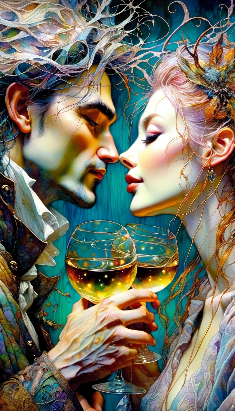 couple of lovers look at each other and toast with two luxurious glasses (art inspired by Brian Froud and Carne Griffiths and Wadim Kashin, intricate details, oil )
