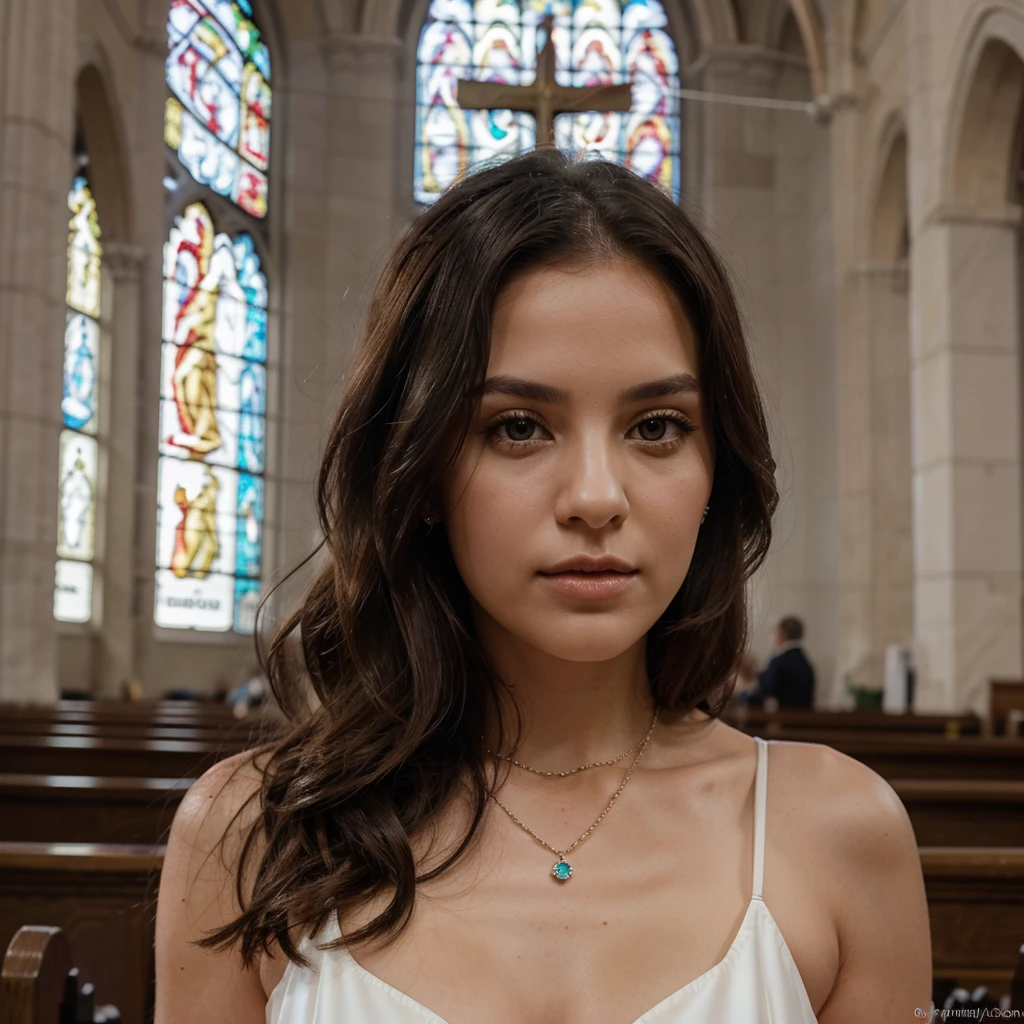 1girl in, 30 years old, Square face, Long hair, Looking at viewer, jewelry, Reality, Sexy, bridal page, church background, free pose