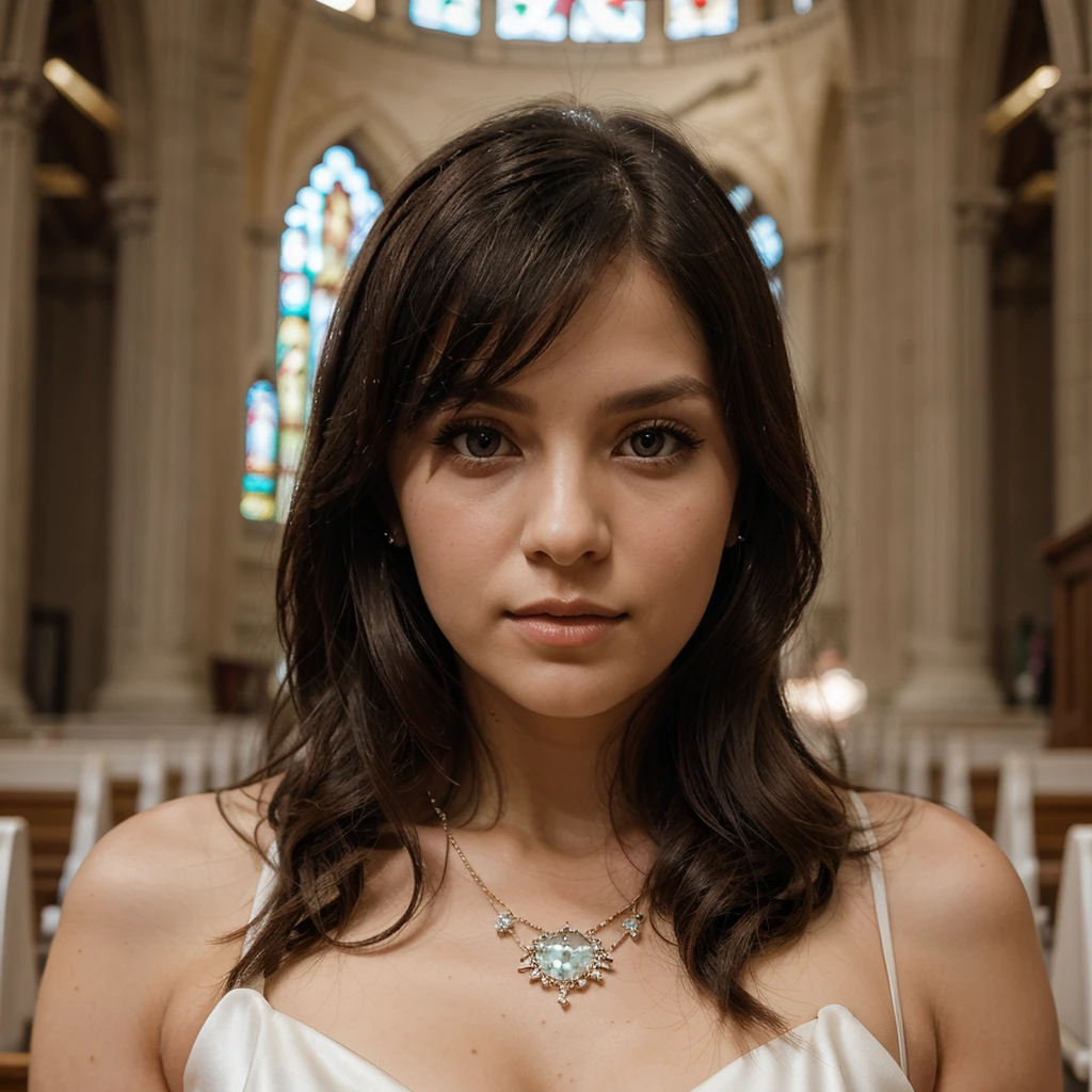 1girl in, 30 years old, Square face, Long hair, Looking at viewer, jewelry, Reality, Sexy, bridal page, church background, free pose