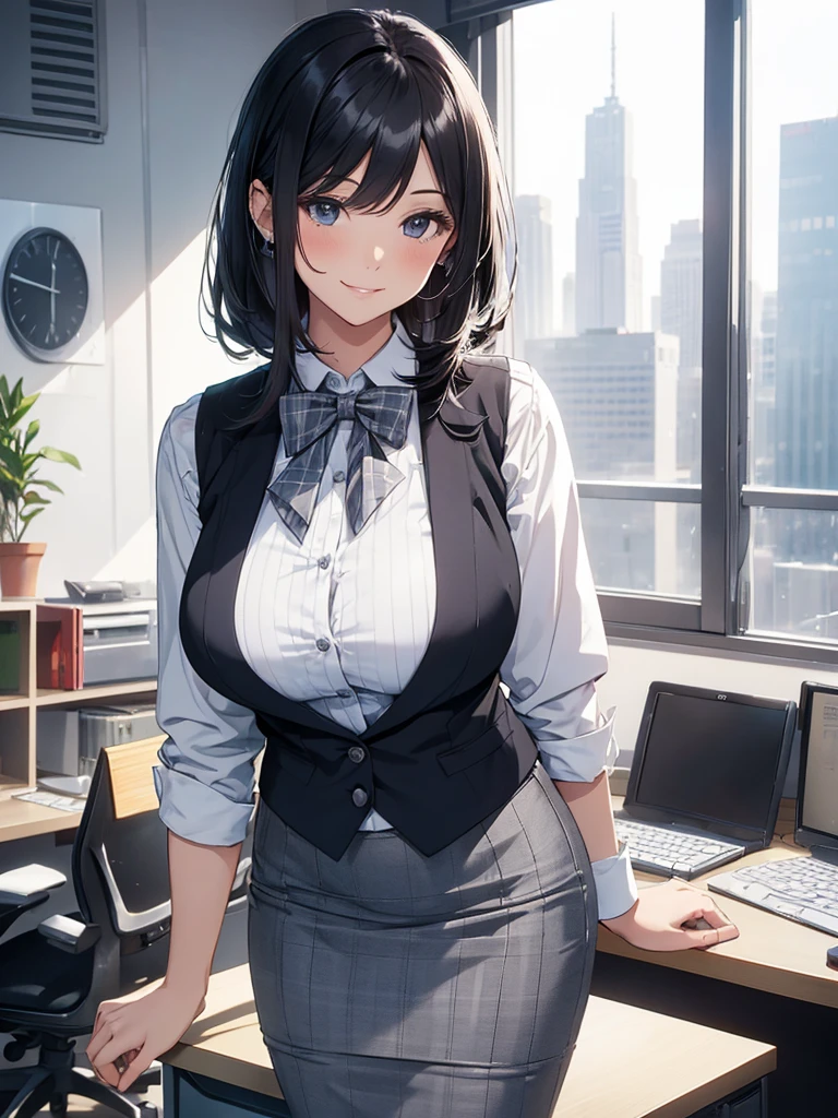 1lady standing, office worker, receptionist, (vest with white and gray checks:1.2) (navy pencil skirt) bowtie, mature female, /(black hair/) bangs, blush kind smile, (masterpiece best quality:1.2) delicate illustration ultra-detailed, large breasts BREAK (modern office indoors), window cityscape, detailed background
