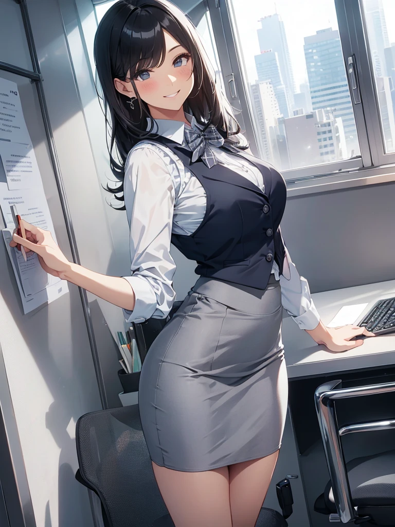 1lady standing, office worker, receptionist, (vest with white and gray checks:1.2) (navy pencil skirt) bowtie, mature female, /(black hair/) bangs, blush kind smile, (masterpiece best quality:1.2) delicate illustration ultra-detailed, large breasts BREAK (modern office indoors), window cityscape, detailed background