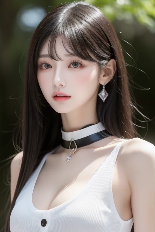 perfect figure beautiful woman：1.4，Layered Hair Style，Protruding cleavage，Black two-dimensional clothing：1.5，Highly Detailed Face and Skin Textur，double eyelid，Whiten the skin，long whitr hair，playing water，Collar